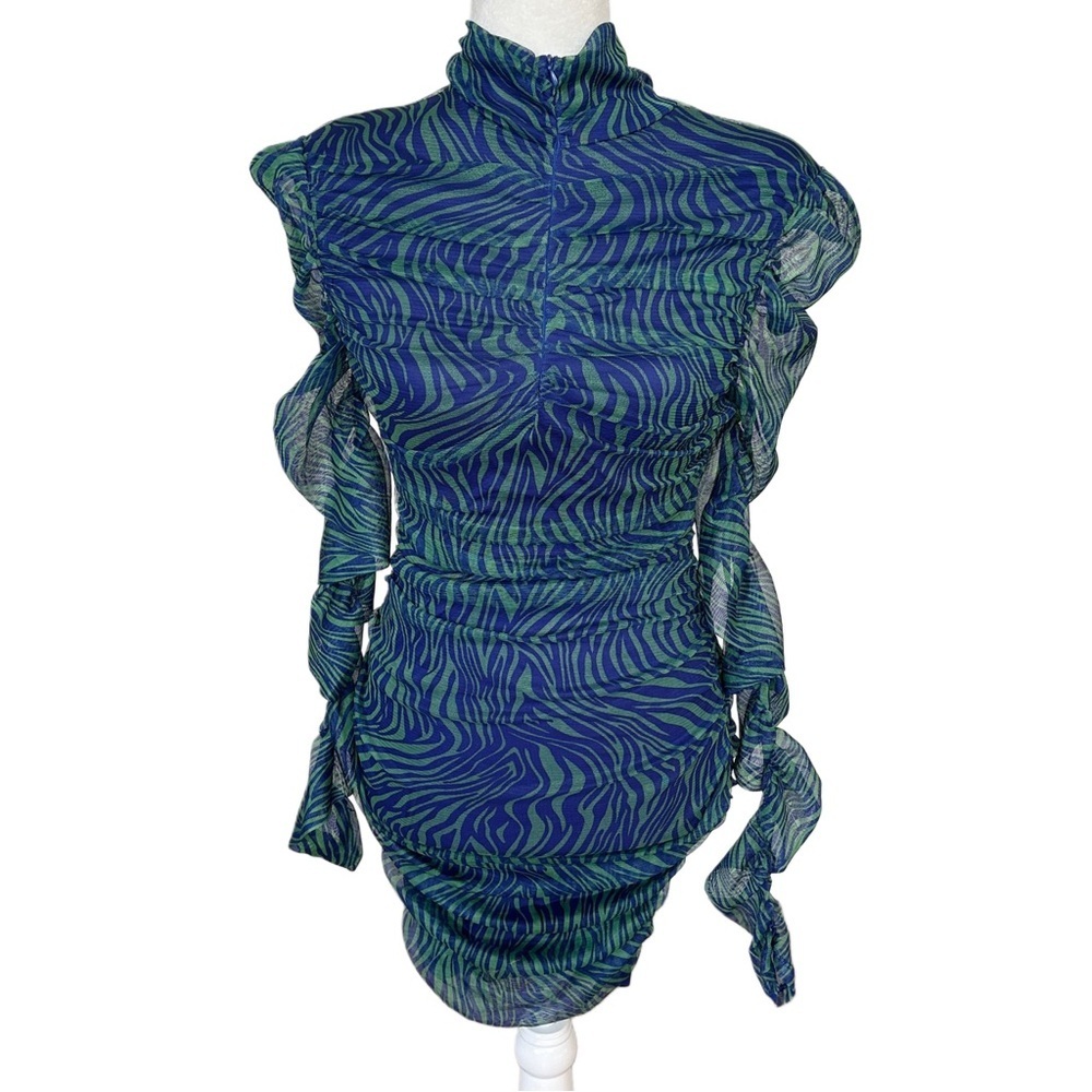 Capsulle Blue Green Front Zip High Neck Bodycon Mini Dress NWT Size Large
